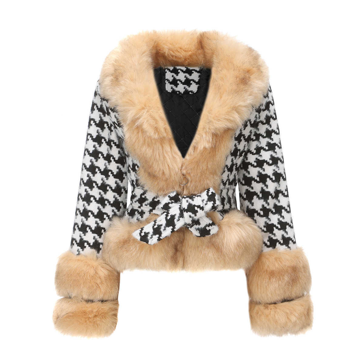 Womens Autumn and Winter Plaid Coat Detachable Wool Collar Short Fashion Top Houndstooth Plaid Womens Leather Womens Jacket 241209