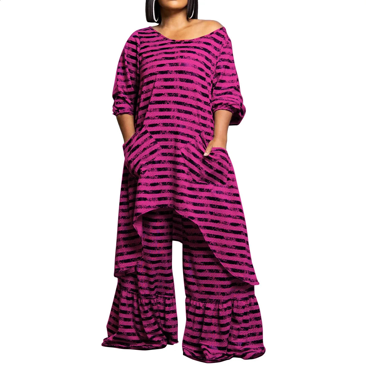 Plus Size Striped Two Piece Pant Set Irregular Long Shirt Casual n Loose Outfit 2024 Autumn Women Large Matching Sets 250122