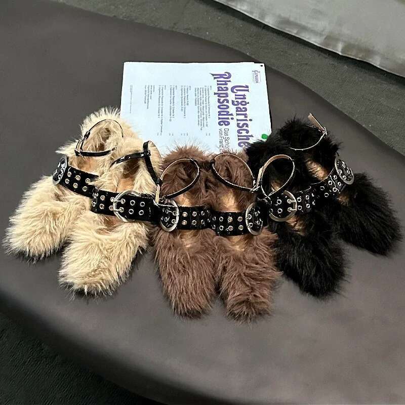 Designer Faux Fur Pumps Women Pointed Toe Sexy Street Style Dress Shoes Ladies Rivet Belt Buckle Brand Fluffy High Heels