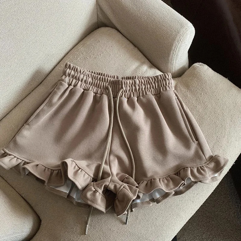 Oversized Casual Shirring Shorts Women Clothing Simplicity Ruffles Solid Color Elastic Waist Wide Leg Pants Summer Loose Pants 250122