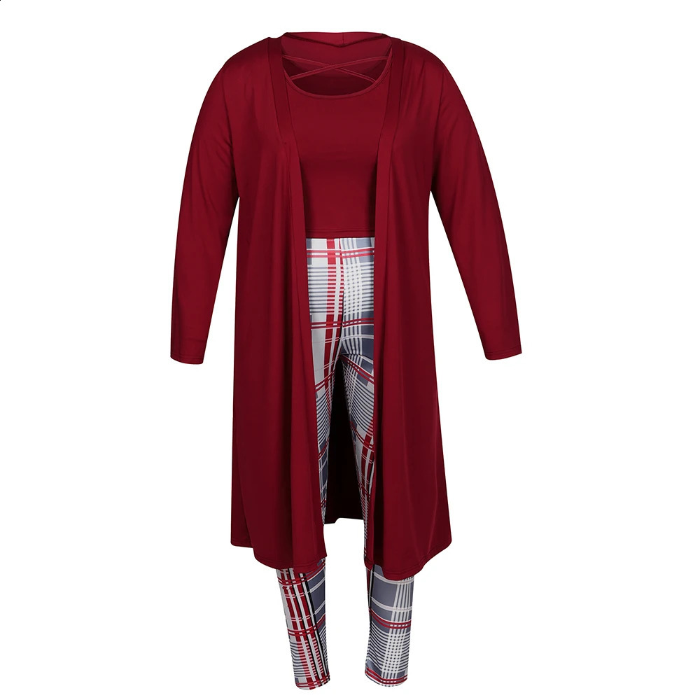 Womens Autumn Winter Plus Size 3 Piece Set Plaid Print Pants Long Sleeve Cardigan Y2K Solid Vest Tops Lady Clothes Casual 250122