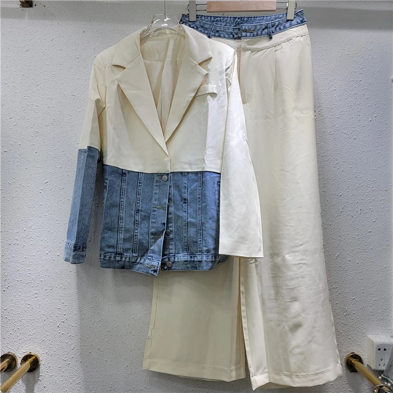 DEAT Womens 2 Pcs Set Single Breasted Patchwork Denim Blazer High Waist Straight Suit Pants 2025 Spring Fashion 29L9383 250114Z