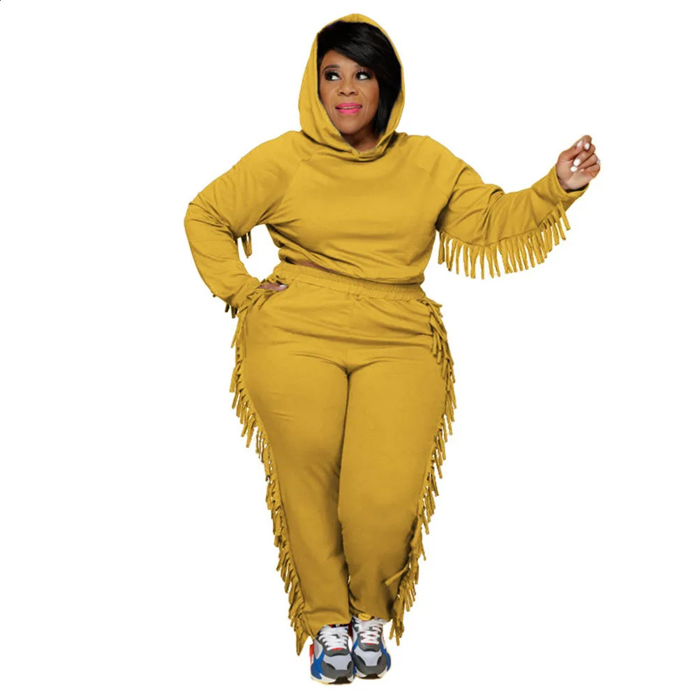 Plus Size Sets for Women 5xl Fall Urban Leisure Cool Clear Color Street Wear Loose Tassel Fashion Hooded Wholesale Drop 250122