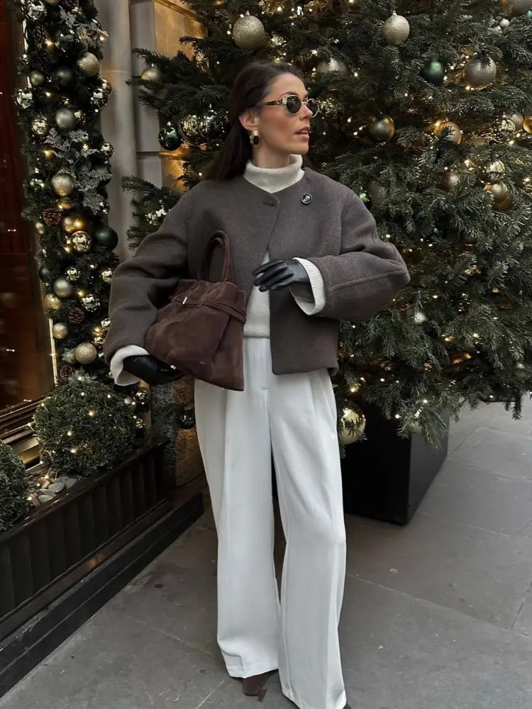 Elegant Solid Wool Blend Round Neck Short Coat Women Fashion Long Sleeve One Button Jacket 2025 Lady Commute Street Outwear 250109