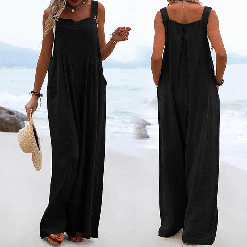 Plus Size Suspender Jumpsuit Casual Solid Color Wide Leg Pants For Women Rompers Button Strap Romper Holiday Beach Overalls 250113