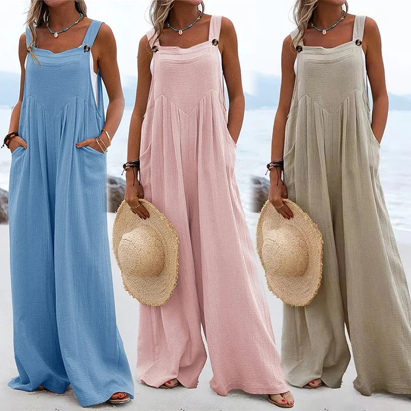 Plus Size Suspender Jumpsuit Casual Solid Color Wide Leg Pants For Women Rompers Button Strap Romper Holiday Beach Overalls 250113