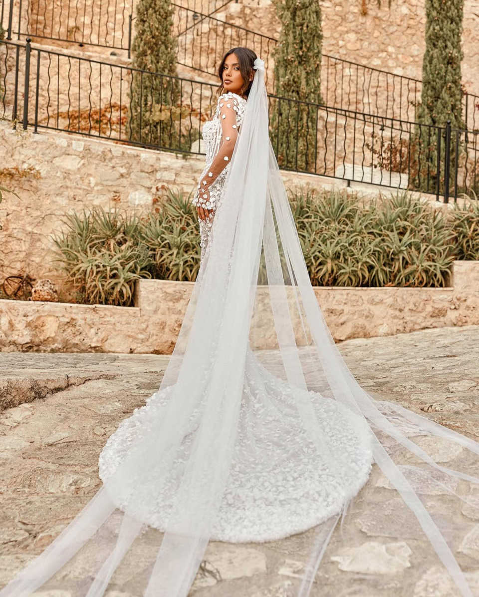 Mermaid Wedding Dress with Square Collar, Long Sleeves, 3D Appliques & Detachable Train - Customizable, See Through