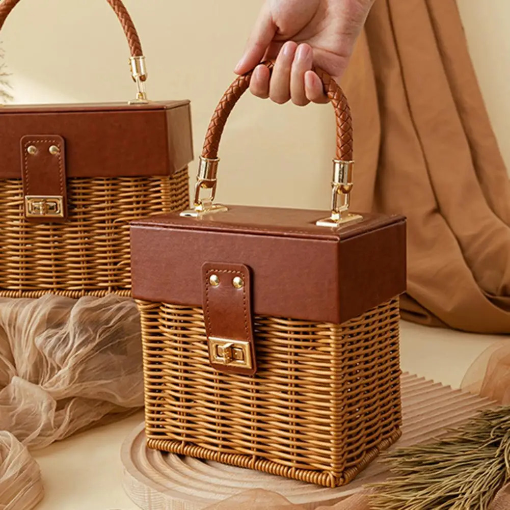 rattan black straw Shoulder Bag Women hand-woven Messenger Bag Summer Beach Square box Straw Handbag For lady Bolsa Feminina 250121