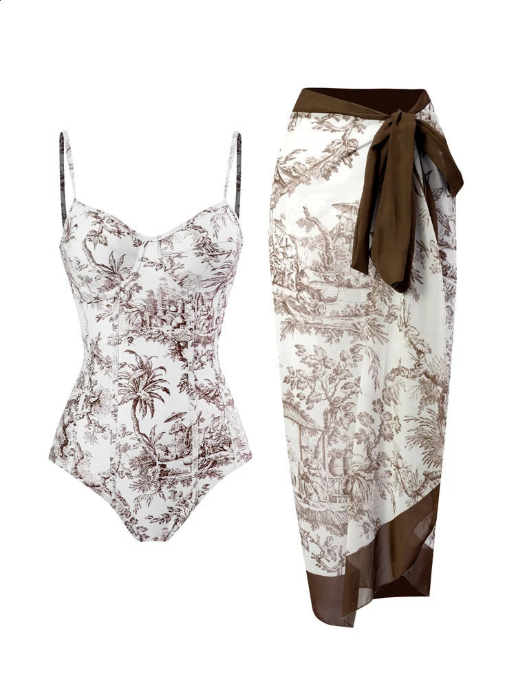 Retro Printed Womens Swimsuit Trend High Waisted Bikini Set One Piece Swimwear Tummy Control Banthing Suit with Cover Up 250109