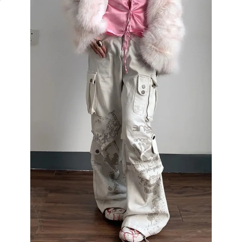American style distressed dirty washed pleated high waisted jeans for women spring street straight slimming cargo pants