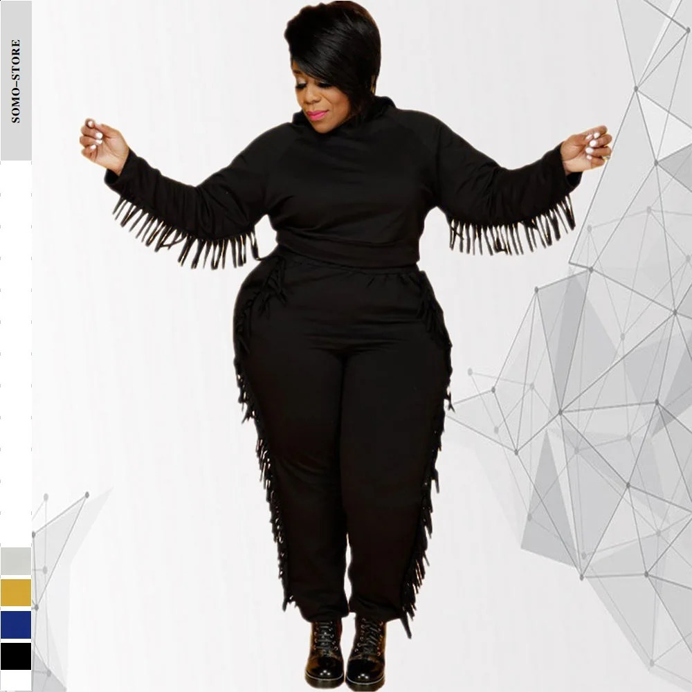 Plus Size Sets for Women 5xl Fall Urban Leisure Cool Clear Color Street Wear Loose Tassel Fashion Hooded Wholesale Drop 250122
