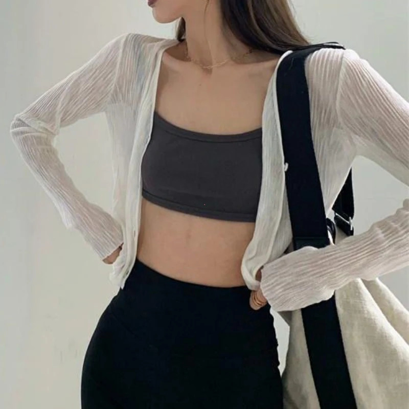 Womens Sunscreen Cardigan VNeck Thin Casual LongSleeved Solid Blouse Tops for Woman Summer Black White Y2K Shirt 250109Z