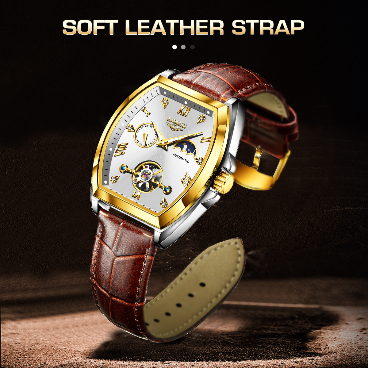 LIGE Men's Tourbillon Mechanical Watch Multi functional Waterproof Night Light Watch Fashion Business Watch