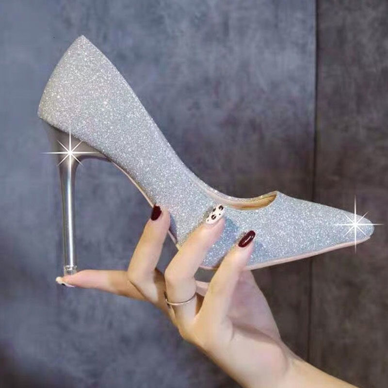 33-45 Extra Large Professional Work High Women's Wedding Shoes Shallow Mouth Fine Heels Sparkle Pointed Sexy Crossdressing Fake Girl