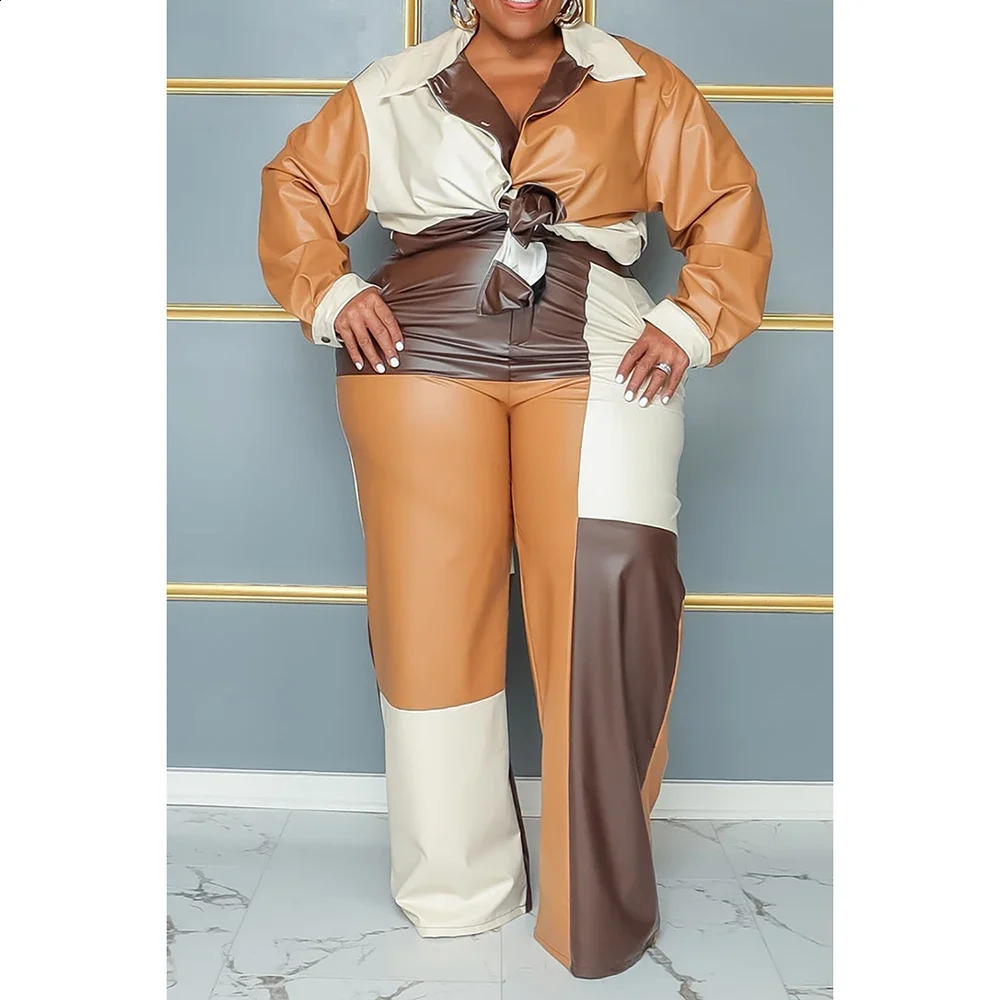 Plus Size Womens Pant Suit Brown Tunic Patchwork PU Leather Fashion Commuting Two Piece 250122