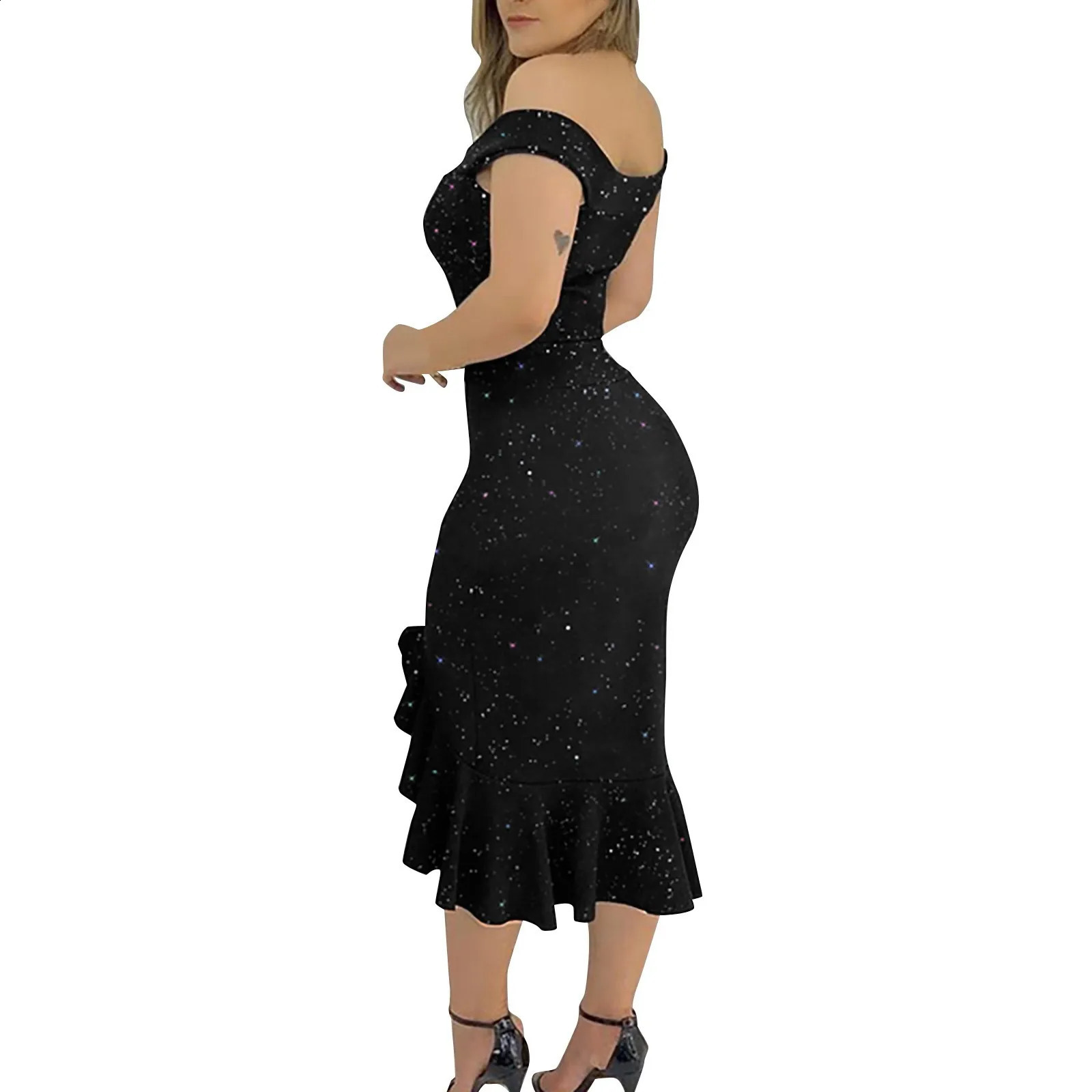 Womens Fashion Sexy Summer Off Shoulder Short Sleeve Sequin Ruffle Irregular Dresses Elegant For Women Woman Clothing 250110