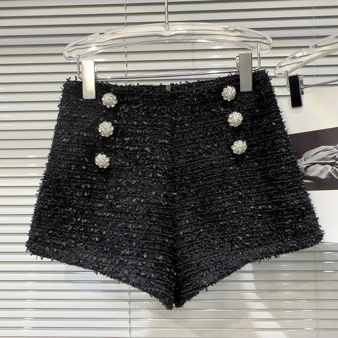 PREPOMP Winter Arrival Double Breasted Rhinestone Buttons Bright Silk Tweed Shorts Women GM298 250122