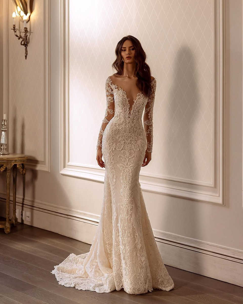 Classic Mermaid Wedding Dresses For Women Sheer Neck Long Sleeves Backless Gown Sequins Appliques Detachable Train Customized Dress
