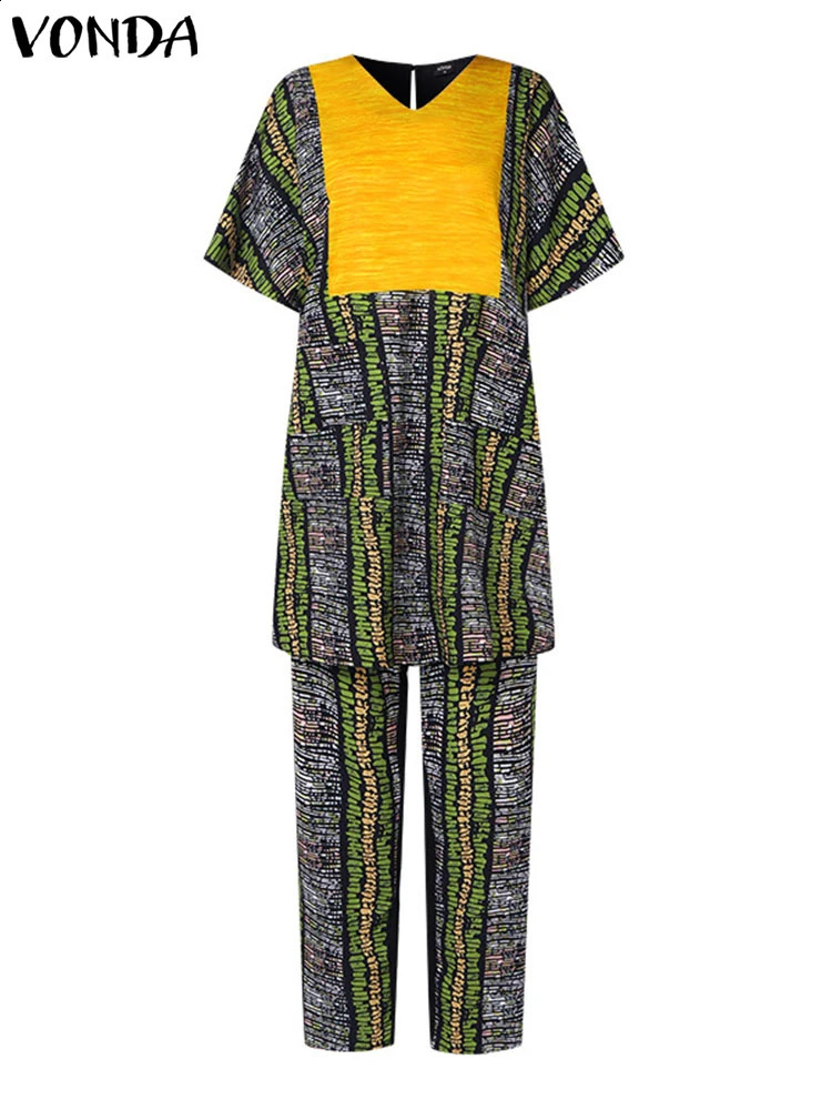VONDA Plus 5XL Womens Elegant Pants Set 2024 Printed Patch Work Clothes Mens Retro Top and Wide Leg Matching 250122