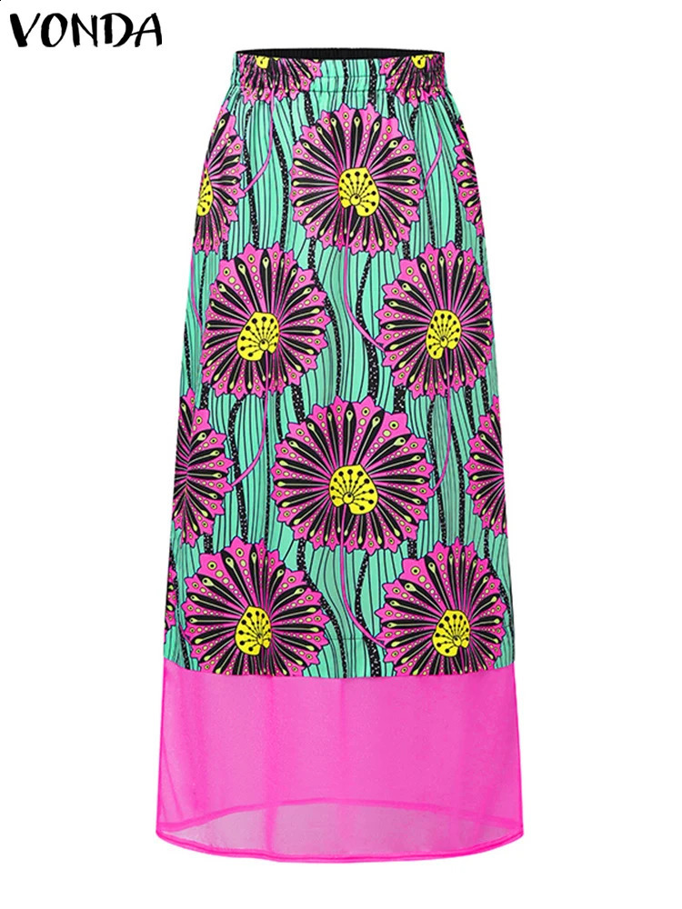 Plus Size 5XL VONDA Women Sets Bohemian Printed Patchwork Tops Long Skirts Suits 2PCS Clothing Matching Oversized 2024 250122