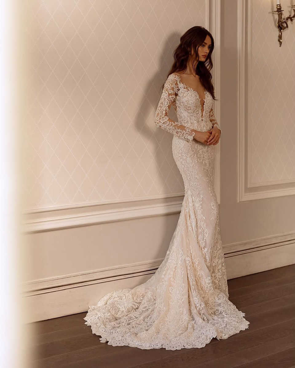 Classic Mermaid Wedding Dresses For Women Sheer Neck Long Sleeves Backless Gown Sequins Appliques Detachable Train Customized Dress