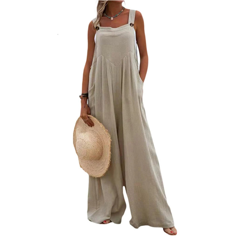 Plus Size Suspender Jumpsuit Casual Solid Color Wide Leg Pants For Women Rompers Button Strap Romper Holiday Beach Overalls 250113