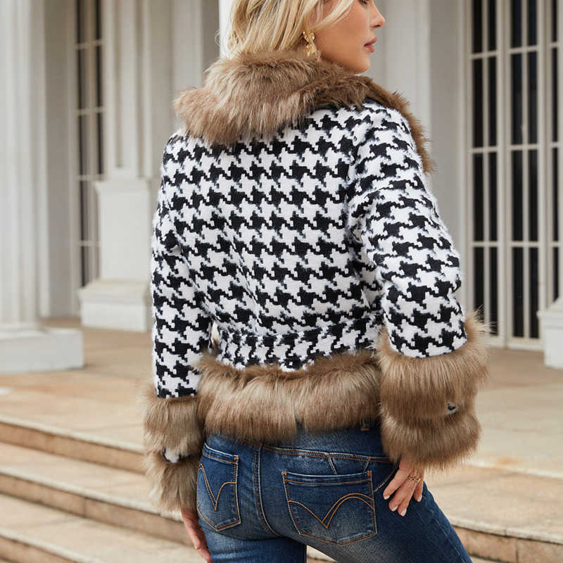 Womens Autumn and Winter Plaid Coat Detachable Wool Collar Short Fashion Top Houndstooth Plaid Womens Leather Womens Jacket 241209
