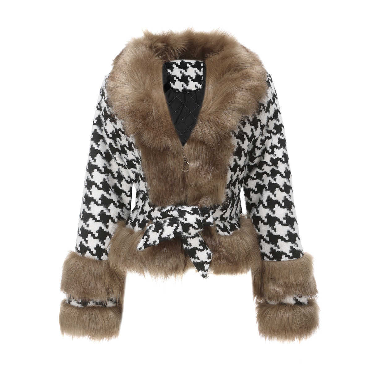 Womens Autumn and Winter Plaid Coat Detachable Wool Collar Short Fashion Top Houndstooth Plaid Womens Leather Womens Jacket 241209