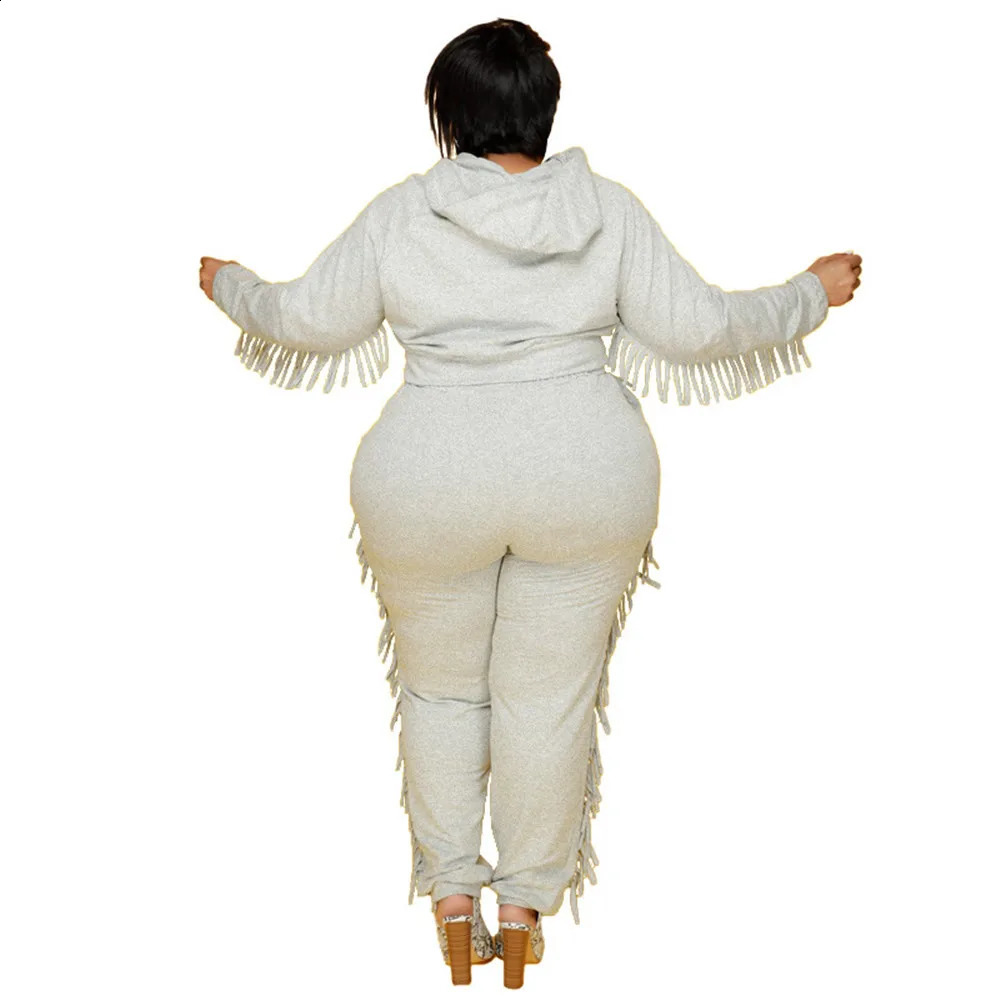 Plus Size Sets for Women 5xl Fall Urban Leisure Cool Clear Color Street Wear Loose Tassel Fashion Hooded Wholesale Drop 250122