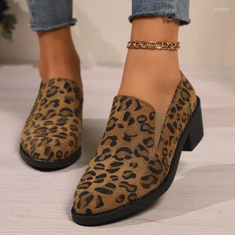 Dress Shoes Spring And Autumn Fashion Women's Loafers Large Size Casual Medium Heel Pointed Toe Leopard Print Color Slip-On zhanyishengli