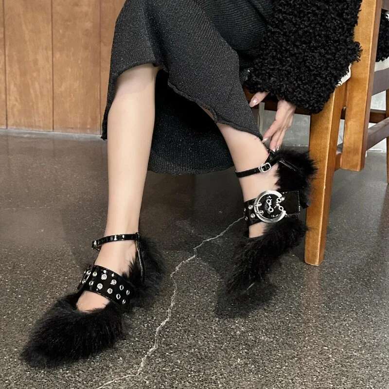 Designer Faux Fur Pumps Women Pointed Toe Sexy Street Style Dress Shoes Ladies Rivet Belt Buckle Brand Fluffy High Heels