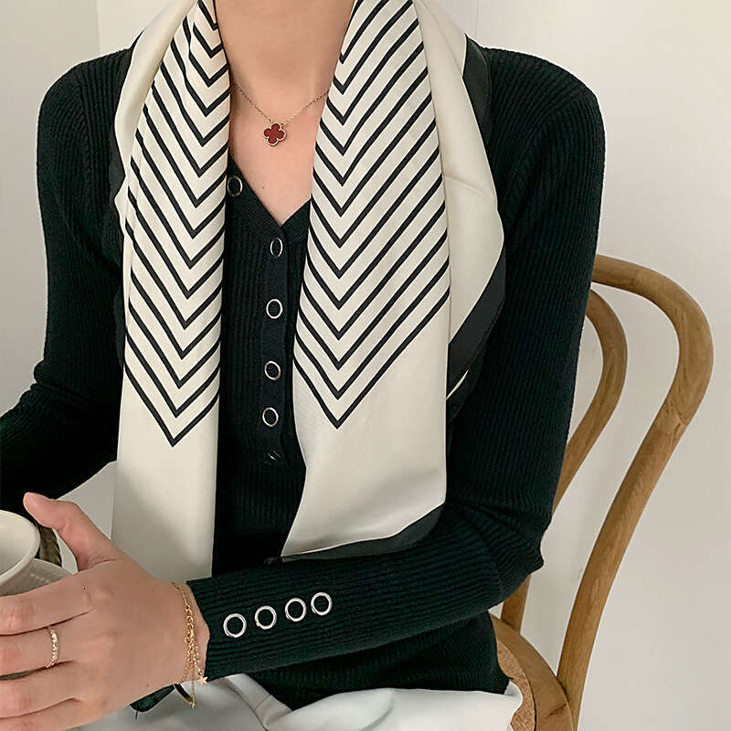 Scarves, high-end black and white striped prints, simulated silk 70 small square scarves, Instagram style, minimalist gift box scarves