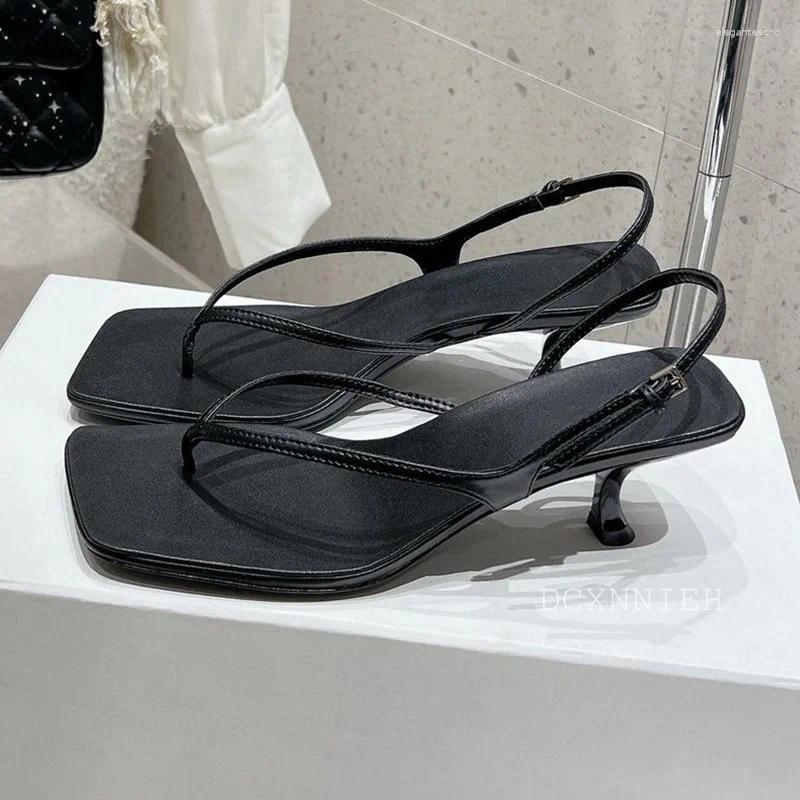 2025 S Fashion Designer Sandals Free Shipping Women Genuine Leather Square Toe Narrow Band Black Sandals Straprunway Summer Sexy Party Dress Shoes