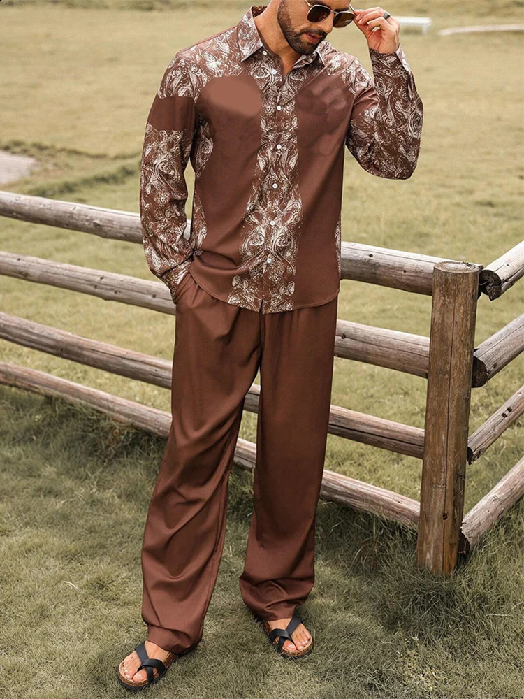 Trendy Mens Loose Two Piece Suits Vintage Pattern Printed Long Sleeve Shirt And Pants Sets Men 2025 Spring Autumn Casual Outfits 250109