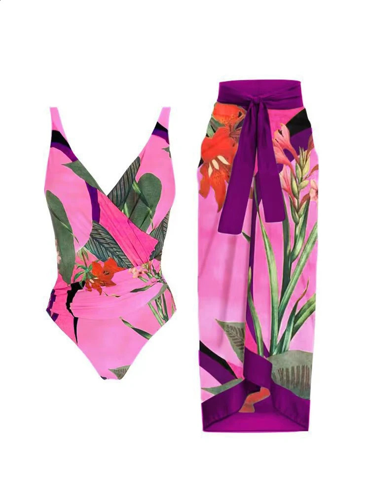 Retro Printed Womens Swimsuit Trend High Waisted Bikini Set One Piece Swimwear Tummy Control Banthing Suit with Cover Up 250109
