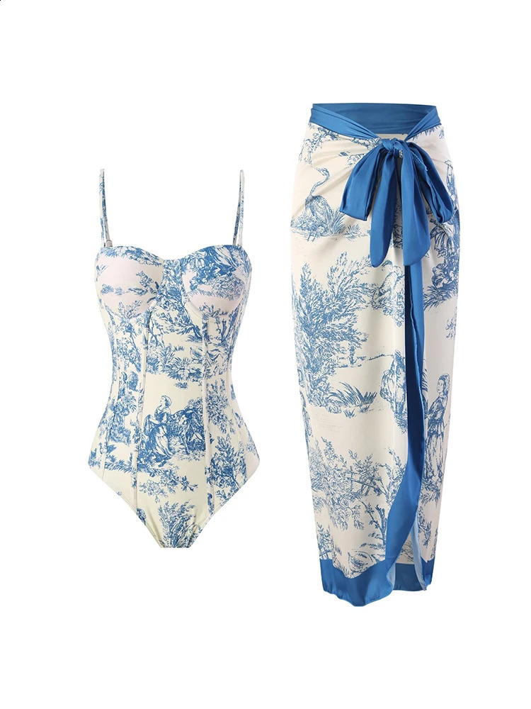 Retro Printed Womens Swimsuit Trend High Waisted Bikini Set One Piece Swimwear Tummy Control Banthing Suit with Cover Up 250109