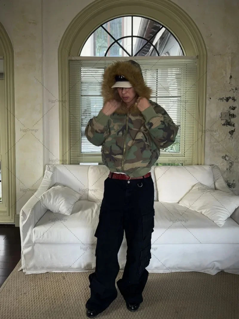 Retro street fashion Y2K personality trend camouflage jacket Harajuku retro fur collar casual hooded mens oversized sportswear 250109CJ