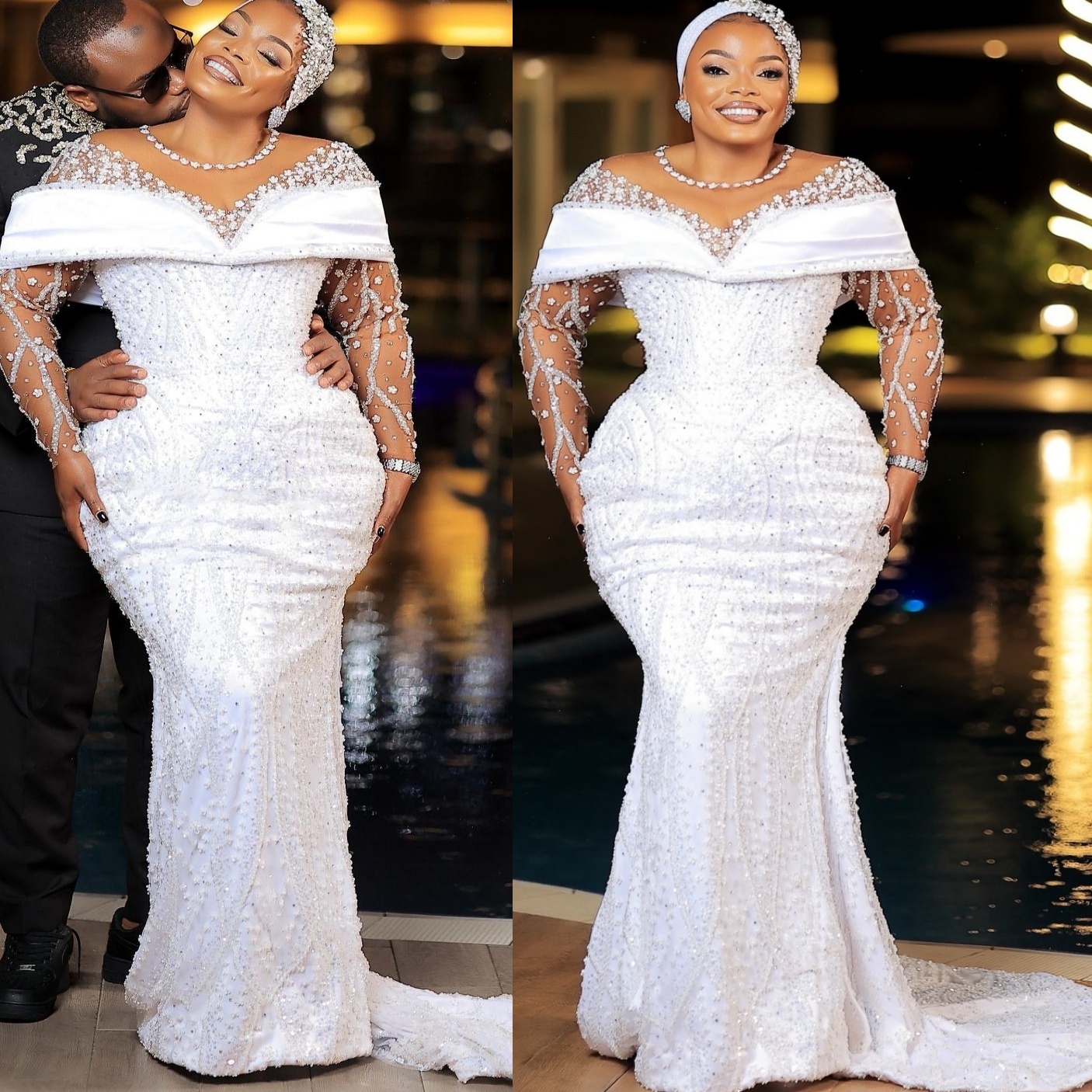 2025 Arabic Aso Ebi Plus Size Ivory Mermaid Wedding Dresses Sequined Lace Full Sleeves Sheer Neck Bridal Gowns Dress For Bride