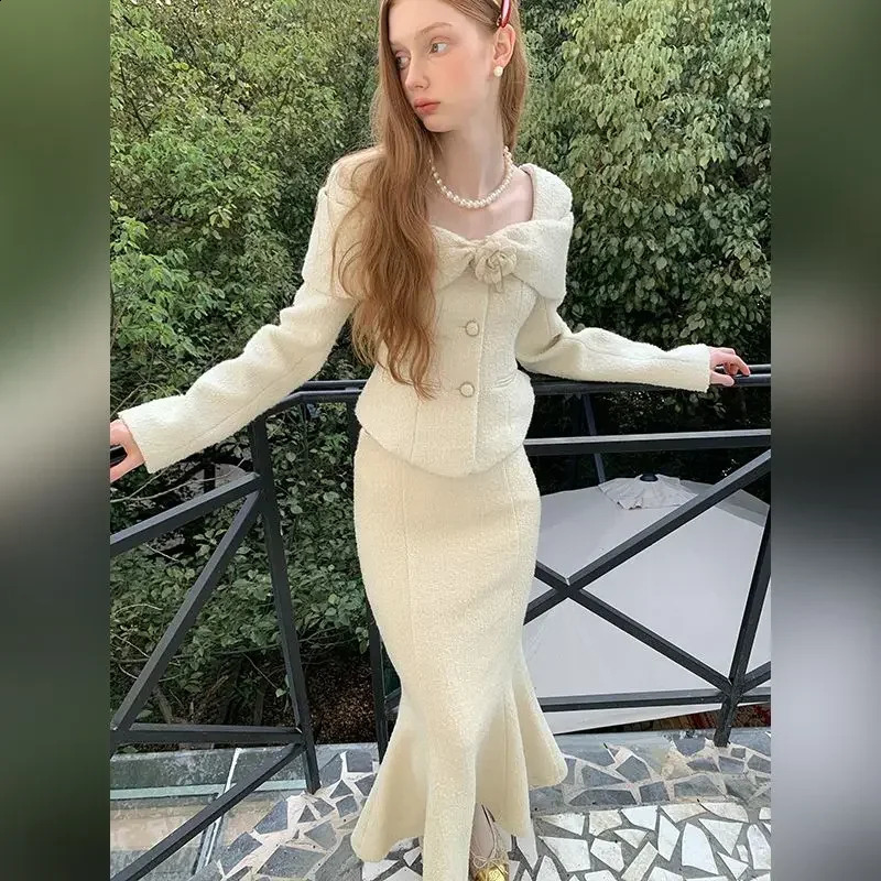 UNXX Small Fragrance Square Neck Wool Blazer Mermaid Skirt Suits Vintage Rose Patchwork Woolen Jacket Long Skirt Two-piece Set 250109