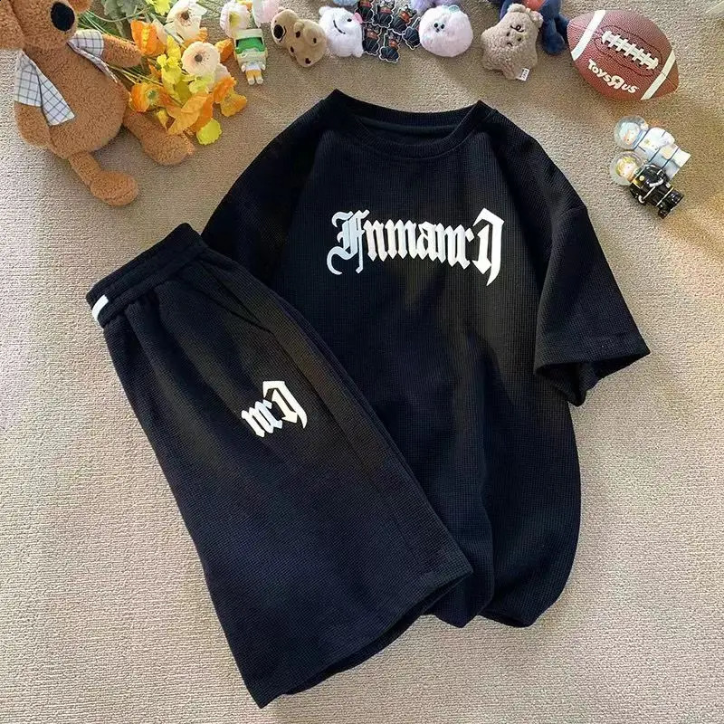 Summer Oversize Casual Fashion tracksuit Loose Jogging Waffle Suit Men Loose Short-sleeve tshirt Sports Shorts 2pcs Set Outfit 250109