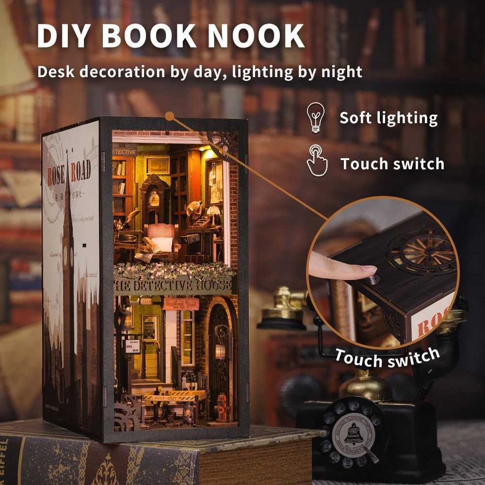 CUTEBEE Book Nook 3D Puzzle Mini Dollhouse Kit with Touch Light Dust Cover DIY Bookshelf Insert Gift Rose Detective Agency W250117