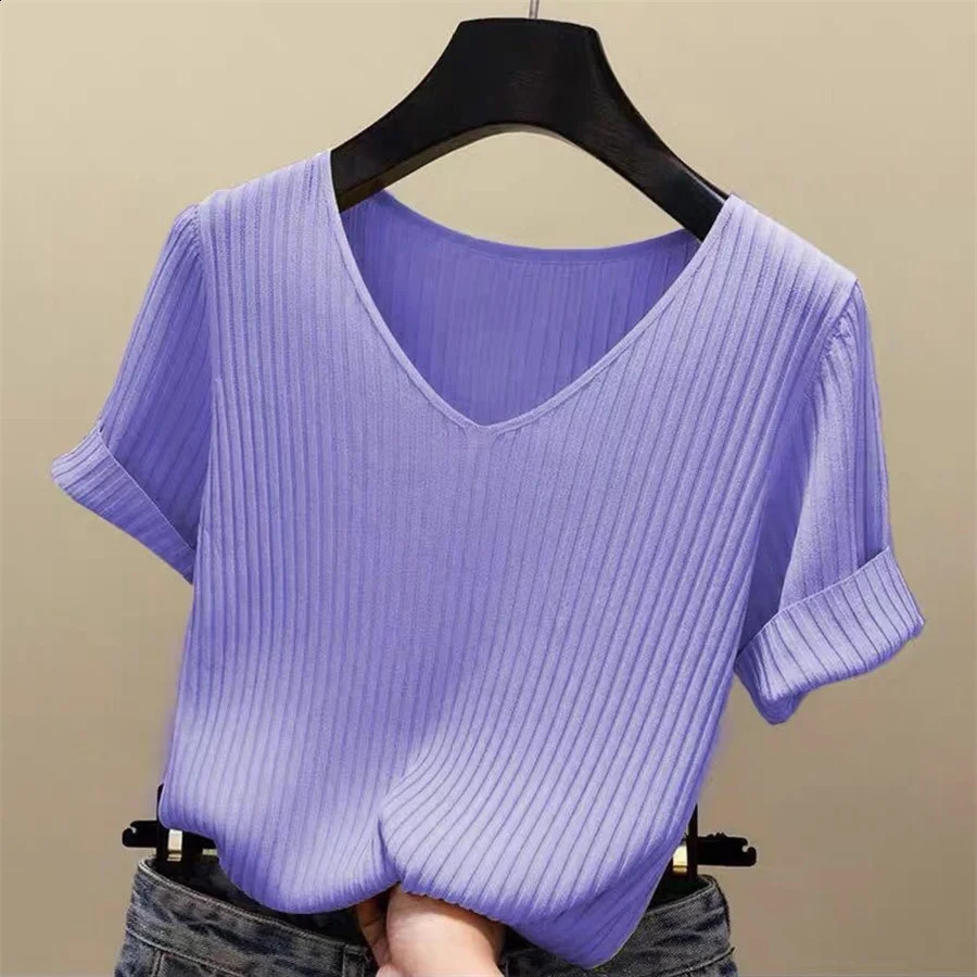 spring 2024 Summer Blouse Womens Blouses Fashion Short Sleeve VNeck Knitted Shirt Tops 250122