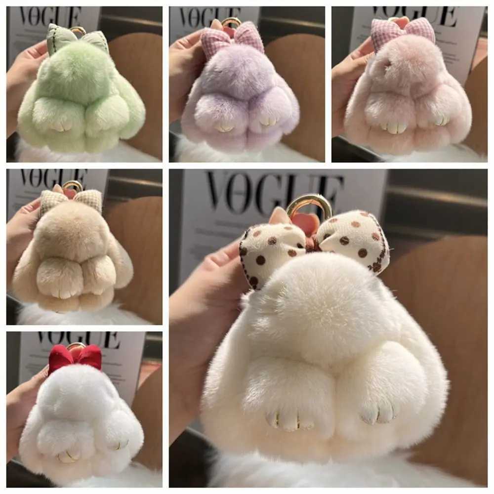 Hair Bow Rabbit Fur Keychain Pompoms Cute Fluffy Bunny Keychain Bag Charm Alloy Ring Plush Rabbit Key Ring Couple PendantXJ250116