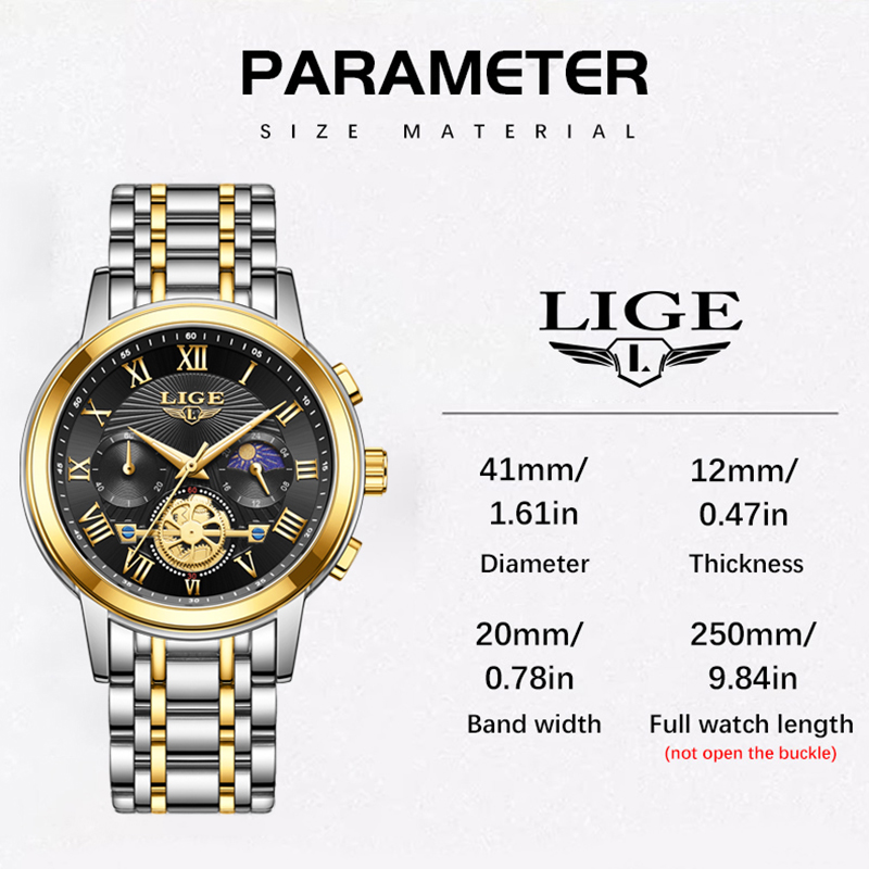 LIGE Fashion Men's Quartz Watch Night Light Moon Phase Multi functional Waterproof Business Watch