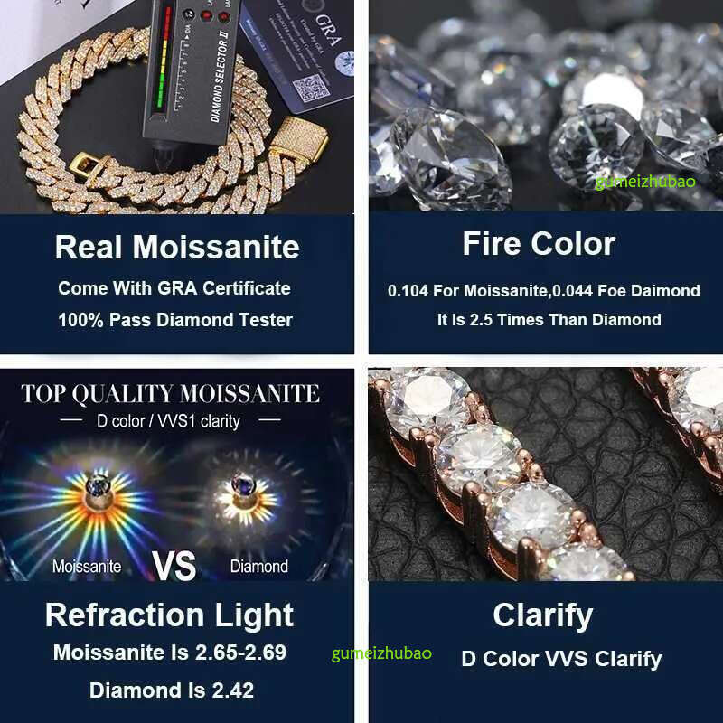 Necklace Moissanite hip hop jewelry Sier 10MM 12MM 13MM iced cuban necklace ring moissanite chain Free Shipping