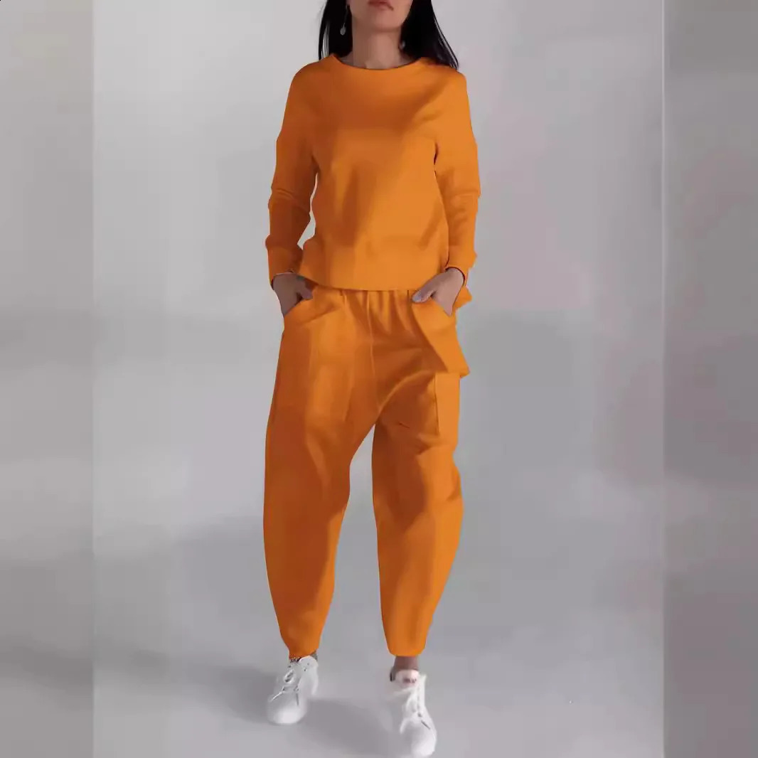 Lace fashion multi-pocket trend sports solid color casual pants suit autumn womens wear250120