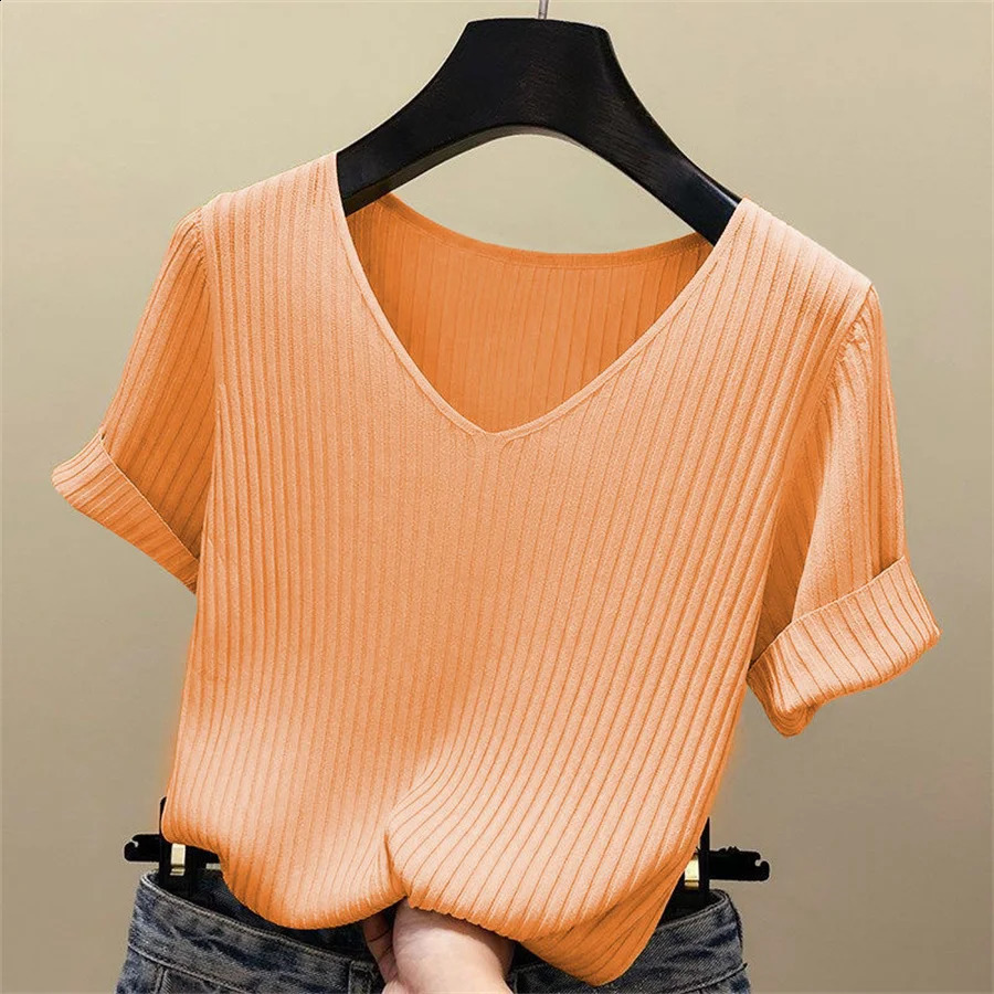 spring 2024 Summer Blouse Womens Blouses Fashion Short Sleeve VNeck Knitted Shirt Tops 250122
