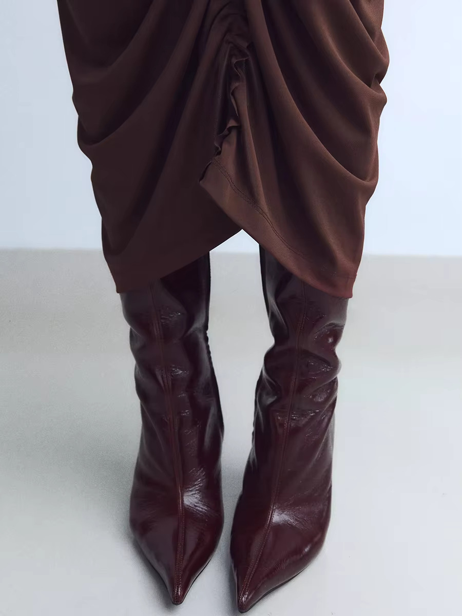 2025 Spring New Sexy Women's Heels Retro Skinny Pointed Toe Long Boot Thin Heel Knee High Boots Brown Shoes Woman