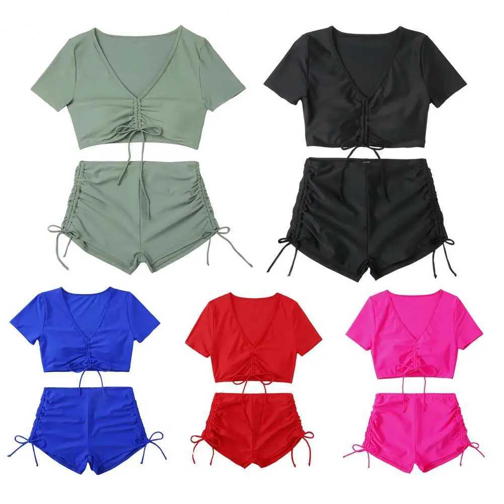 2Pcs/Set Summer Bikini Set V-Neck Short Sve Tops High Waist Drstring Swimming Trunks Solid Color Quick Drying SwimsuitXJ250120