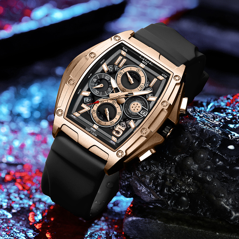 LIGE new men's quartz watch multifunctional waterproof calendar watch sports wine barrel shaped hollow watch